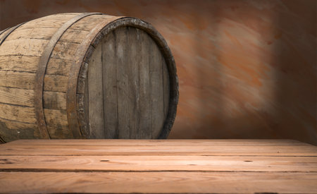 Wooden table in front of blurred oakの写真素材
