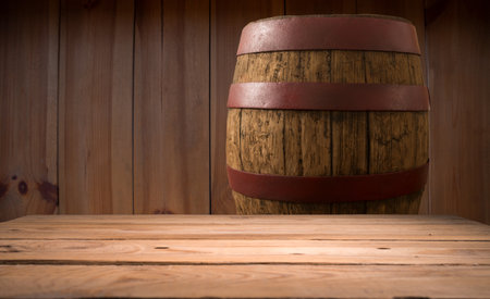 Wooden table in front of blurred oakの写真素材