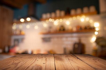 Wooden table of free space in kitchenの写真素材