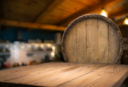 Wooden table in front of blurred oakの写真素材