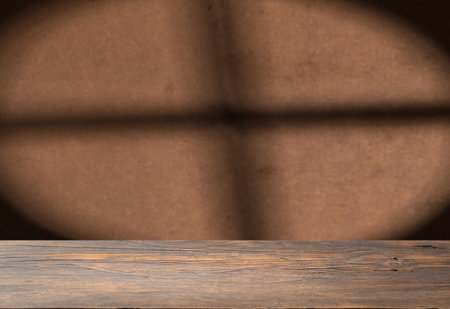 background of barrel and worn old tableの写真素材