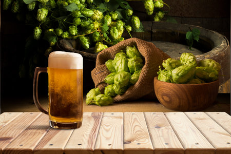 mug of beer, wheat ears, hops andの写真素材