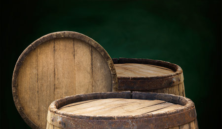 background of barrel and worn old tableの写真素材