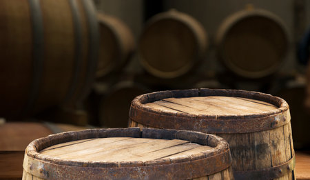 background of barrel and worn old tableの写真素材