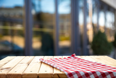 Retro background with wooden table and tableclothの写真素材