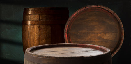 background of barrel and worn old tableの写真素材