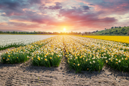 Colorful fields with dramatic evening skyの写真素材