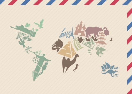 Vintage envelope with world map made of landmarks のイラスト素材