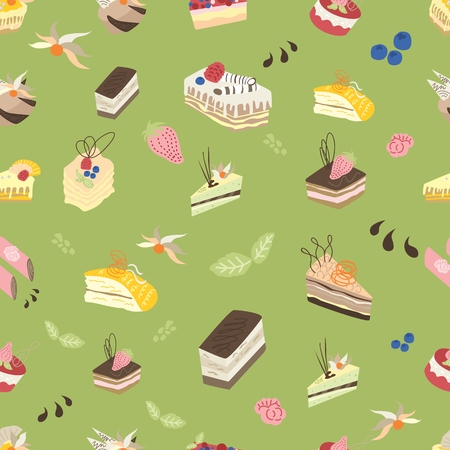 Green seamless background with desserts, leaves and berriesのイラスト素材