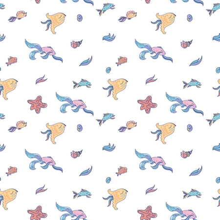 White seamless vector background with fishes and shellsのイラスト素材