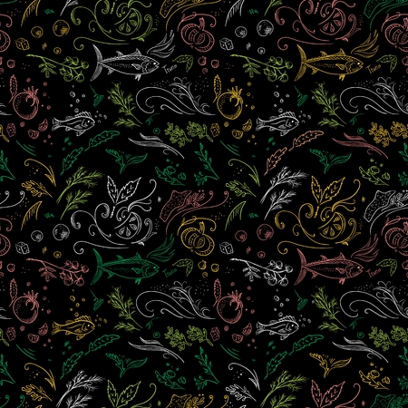 Seamless background with colorful hand-painted seafood, vegetables and herbs for menu designのイラスト素材