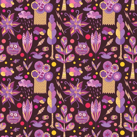 Seamless vector children illustration in sketch style with trees, flowers clouds and owlのイラスト素材