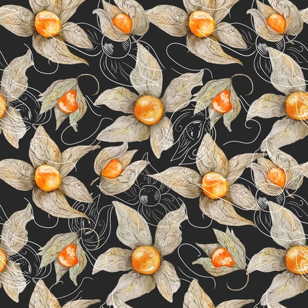 Colored aquarelle seamless texture with bright orange berries and pastel ornamental leafs on black background for menu, kitchen, cafe designの写真素材