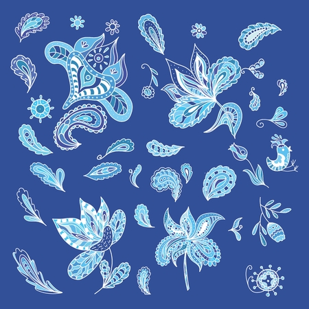 Paisley and flower ornaments for invitation, card, poster design in sketch doodle style on blue backgroundのイラスト素材