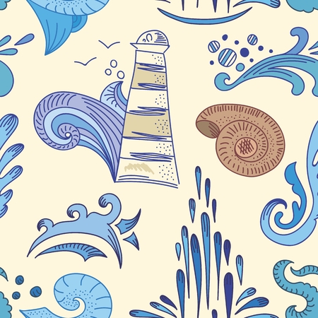Seamless travel doodle style background with creative water waves, drops and lighthouse for nursery textile and wallpaperのイラスト素材