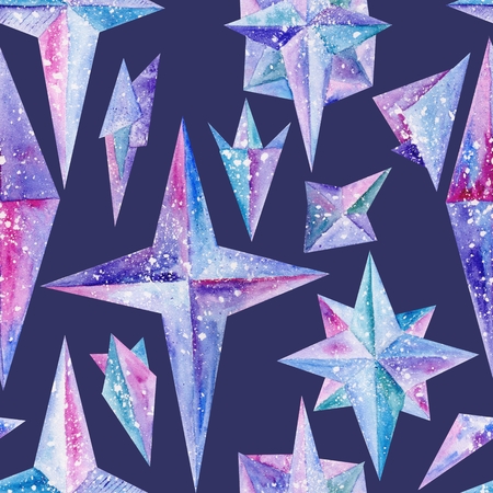 Abstract watercolor illustration with ice snowy star shapes on dark indigo background for fabric and wallpaper designの写真素材