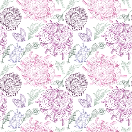 Seamless floral illustration with tender chrysanthemum flowers and leaves on white backgroundのイラスト素材