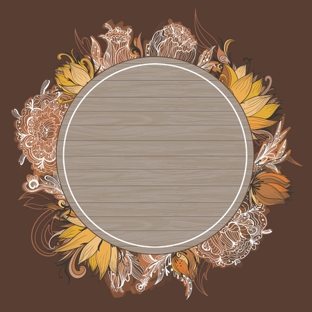 Creative floral card with lily and peony flowers and wood circle in brown and orange colorsのイラスト素材