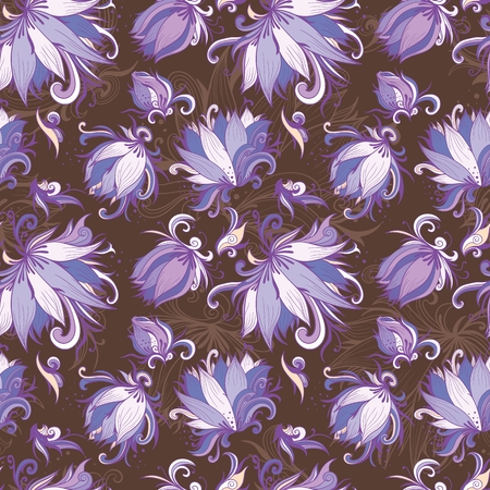 Seamless texture with sketch stylized purple lotus flowers on brown backgroundのイラスト素材