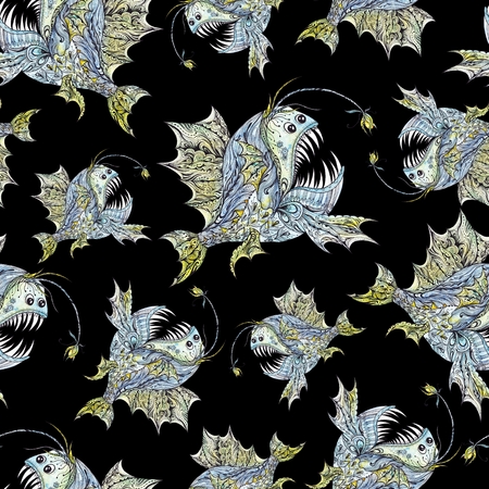 Seamless watercolor marine texture with cartoon sketch monkfish on black backgroundの写真素材