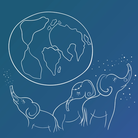 Creative illustration with white elephants silhouettes holding planet on blue backgroundのイラスト素材