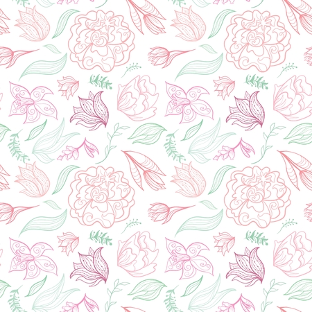 Summer seamless texture with maroon, rose and pink doodle flowersのイラスト素材