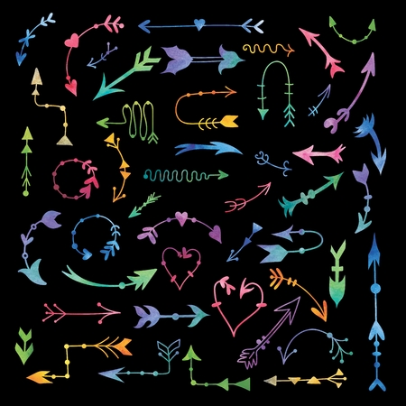 Large set of hand-painted sketch tribal boho arrows bright colored on black backgroundのイラスト素材