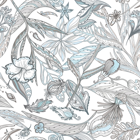 Seamless texture with exotic eastern leaves and flowers in white, brown and blue for textile and wallpaper designのイラスト素材
