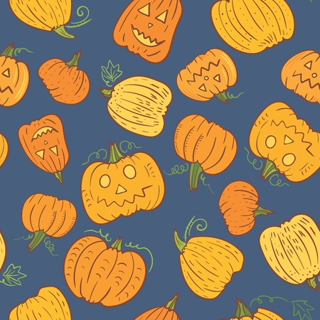Seamless texture with funny scary harvest illustrations on blue backgroundのイラスト素材