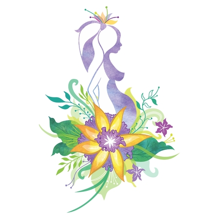 Girl waiting baby silhouette logo with flowers and natural ornaments and watercolor texture on white backgroundのイラスト素材