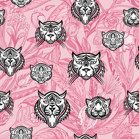 Vector pattern with wild cats and jungle plantsのイラスト素材