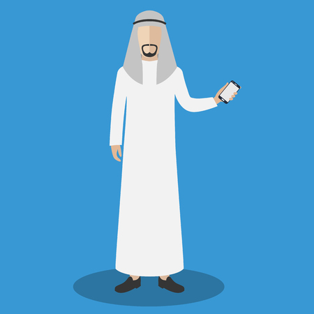 Arab man holding smart phone. Flat vector illustration.のイラスト素材