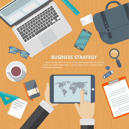 Business strategy concept. Working desk. Desktop with objects and hands. Flat vector illustration.のイラスト素材