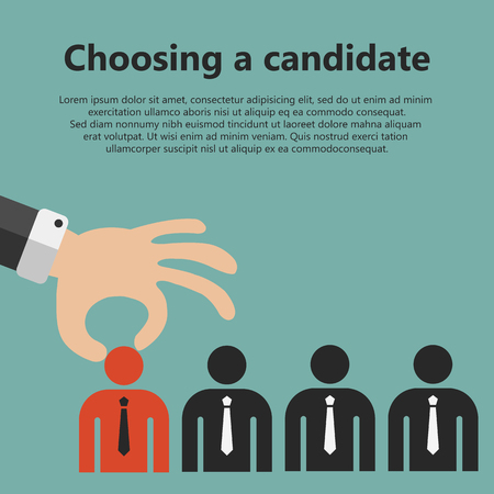 Choosing the best candidate for the job concept. Hand picking up a businessman from the row. Flat vector designのイラスト素材
