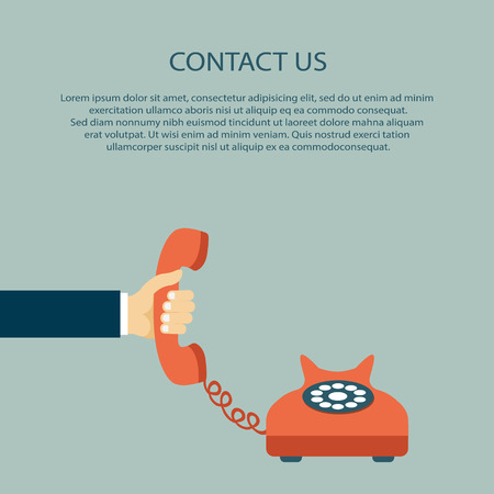 Contact us. Hand holding the headset with text. Flat vector illustration.のイラスト素材