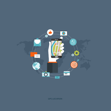Smart phone navigation, mobile global positioning system and tracking concept: location track app on touchscreen smart phone, on world map . Flat vector illustration.のイラスト素材