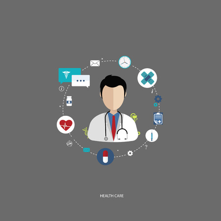 Vector illustration in a modern flat style, health care concept. A doctor in uniform with stethoscope and first aid kid. On line consultation. Flat vector illustration.のイラスト素材