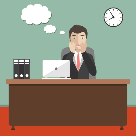 Businessman concerned in office. Speech bubble for text. Flat vector illustration.のイラスト素材