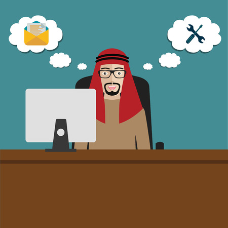 Arabic businessman sitting at office desk. Working on computer. Flat Vector Illustration.のイラスト素材