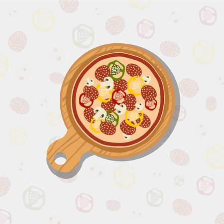 Pizza on wooden board. Tasty and fresh Italian fast food. Flat vector illustration.のイラスト素材