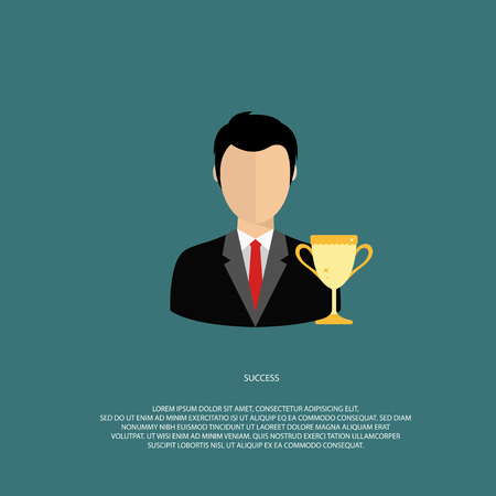 Success vector concept. Man in suit with gold trophy. Flat vector illustration.のイラスト素材