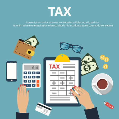Tax payment. Government, state taxes. Data analysis, paperwork, financial research, report.calculation tax return. Flat design. Tax form vector. Payment of debt.のイラスト素材