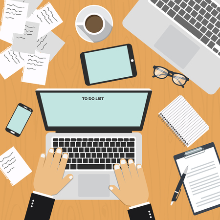To do list on laptop. Work desk with tablet, cell phone, glasses, papers, documents. Flat vector illustration.のイラスト素材