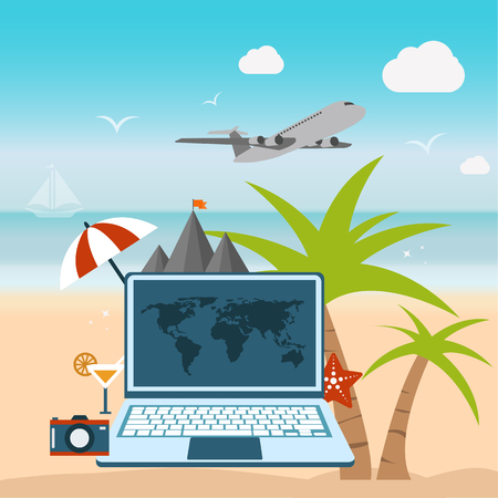Booking on line flat illustration. Travel time concept. Flat vector illustration.のイラスト素材