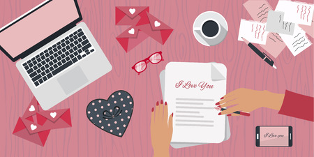 Valentine's day poster. Pink desk with female hands writing on paper. I love you card. Flat vector illustration.のイラスト素材