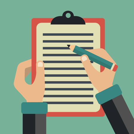 Hands of a businessman. Sign a contract. Signing agreement. Business concept in flat vector design.のイラスト素材