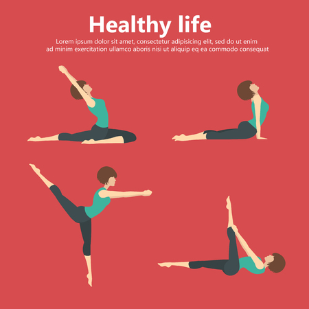 Healthy life concept. Sport and recreation. Yoga positions, gymnastics and fitness training. Flat vector illustration. Icon setのイラスト素材