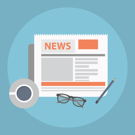 News concept. Newspaper with coffee, glasses and pencil. Flat vector.のイラスト素材