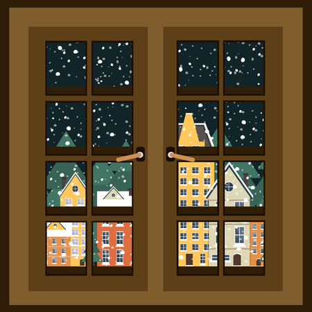 Winter landscape. View from the window. New Year poster. Winter in village. Flat vector illustrationのイラスト素材