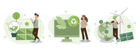 Sustainability illustration set. ESG, green energy, sustainable industry with windmills and solar energy panels. Environmental, Social, and Corporate Governance concept. Vector illのイラスト素材